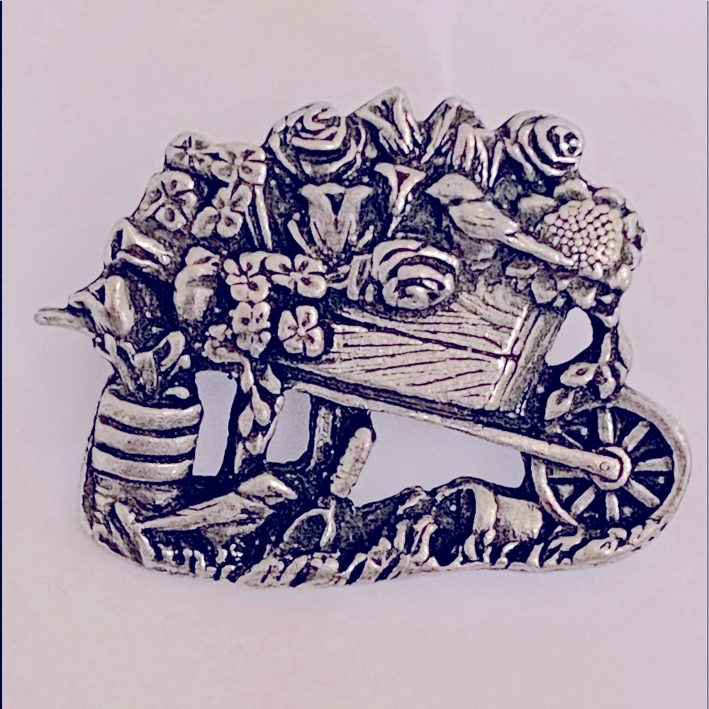 VINTAGE SIGNED BIRDS & BLOOMS PEWTER WHEEL BARROW W/FLOWERS BROOCH PIN GARDENING